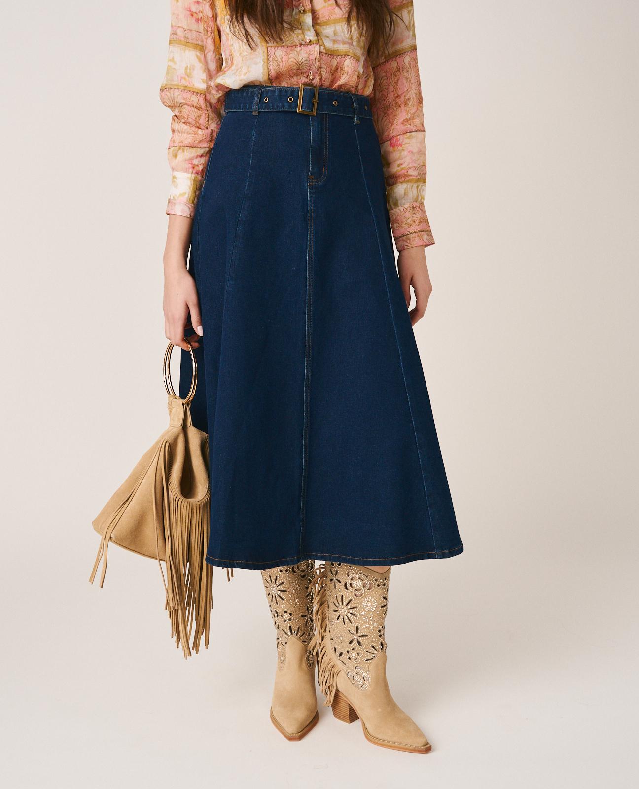 Saia Midi Jeans com Cinto Ajustável Azul-escuro-3