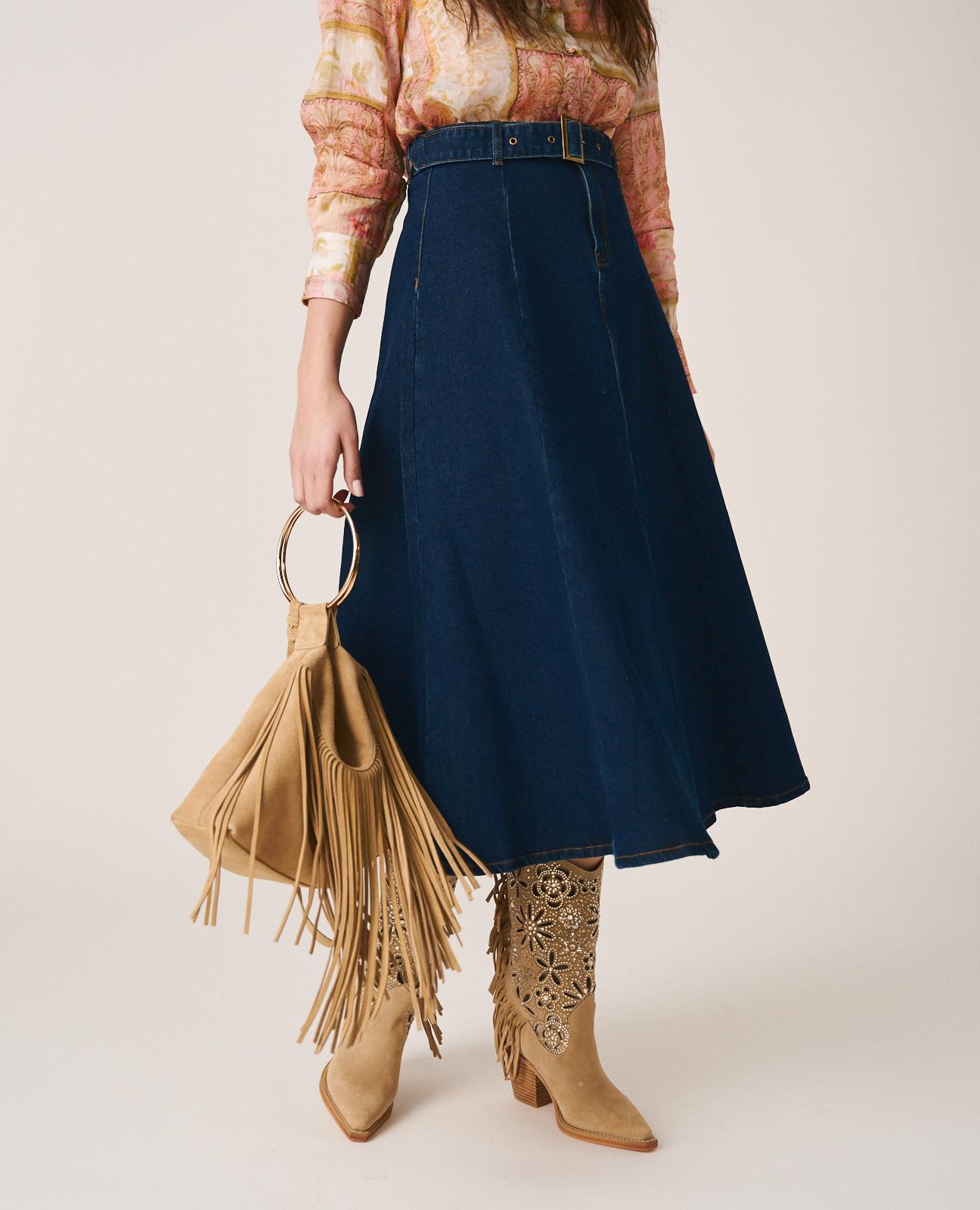 Saia Midi Jeans com Cinto Ajustável Azul-escuro-4
