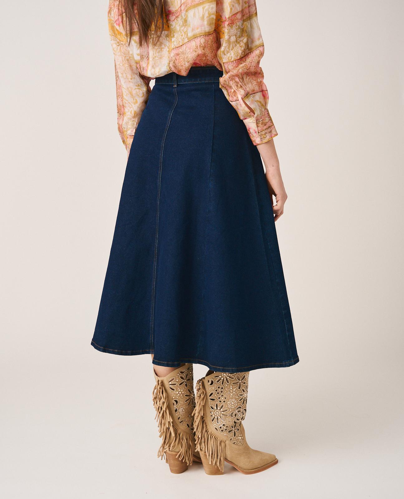 Saia Midi Jeans com Cinto Ajustável Azul-escuro-5