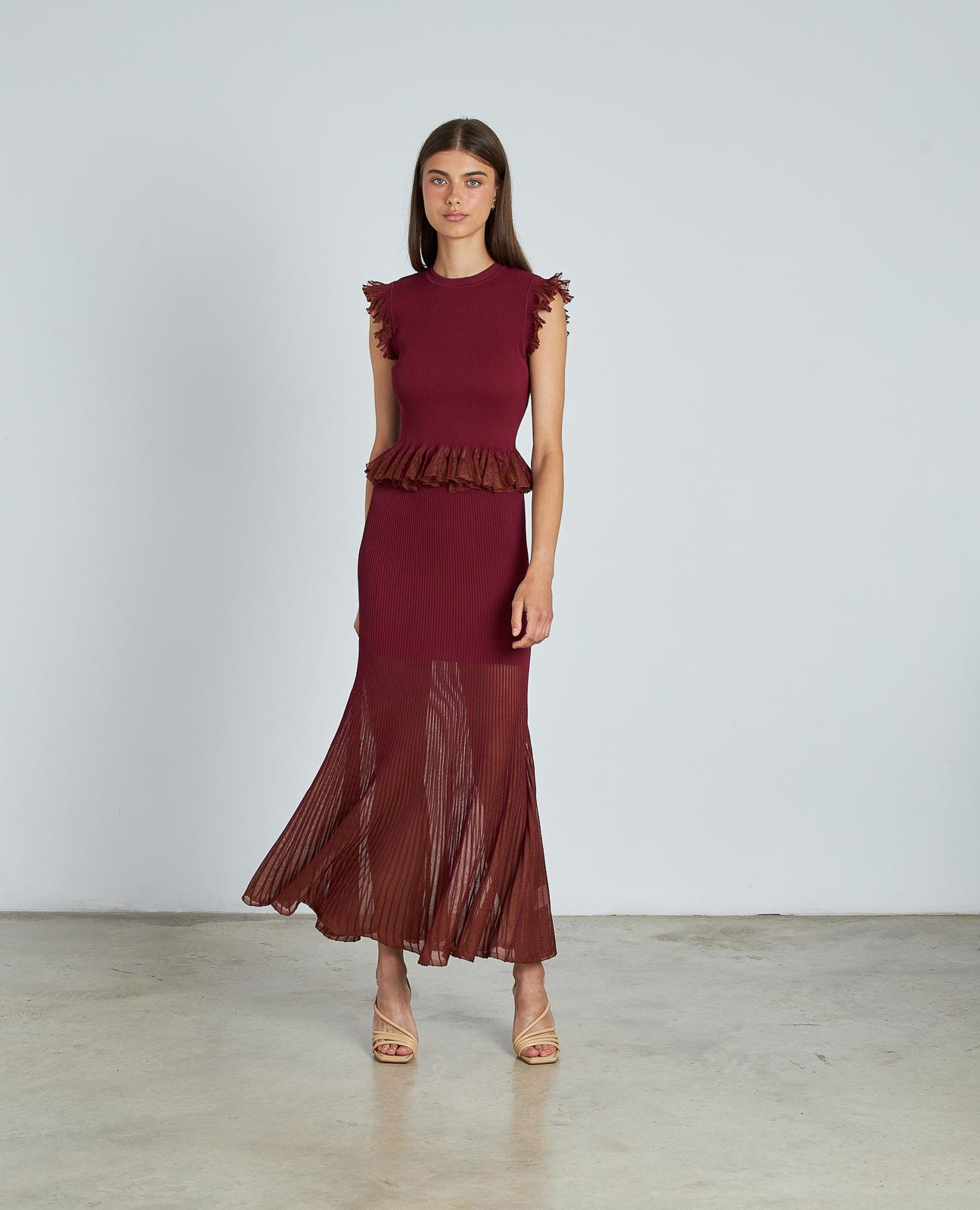 Saia Midi com Folhos na Bainha Semitransparente Bordeaux-2