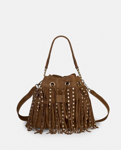 Imagem 0 de Mala de Ombro de Pele com Detalhes de Tachas e Franjas e Fecho Ajustável