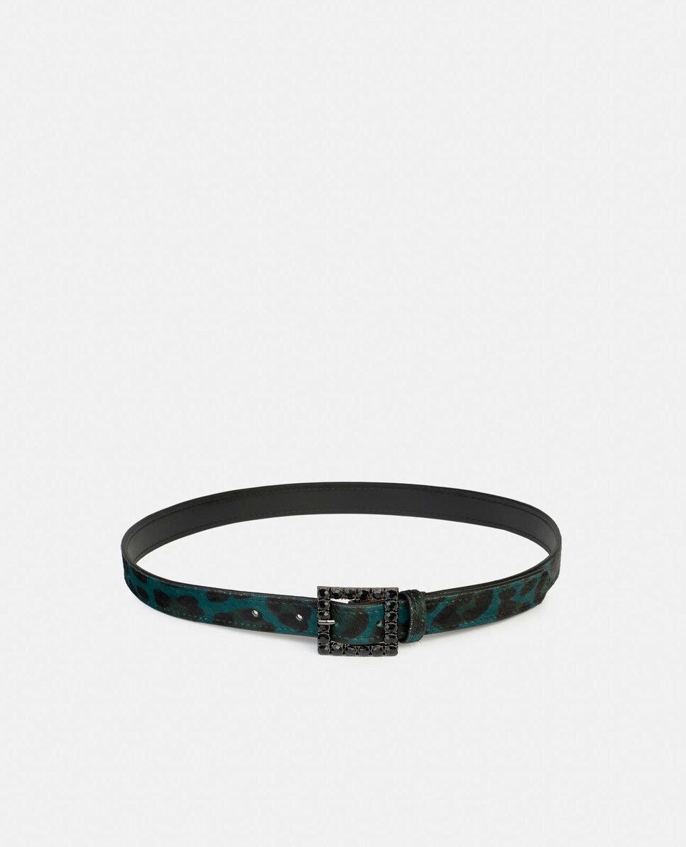 Cinto de Pele com Fivela Quadrada e Detalhes de Pedraria Azul-marinho / Verde-1