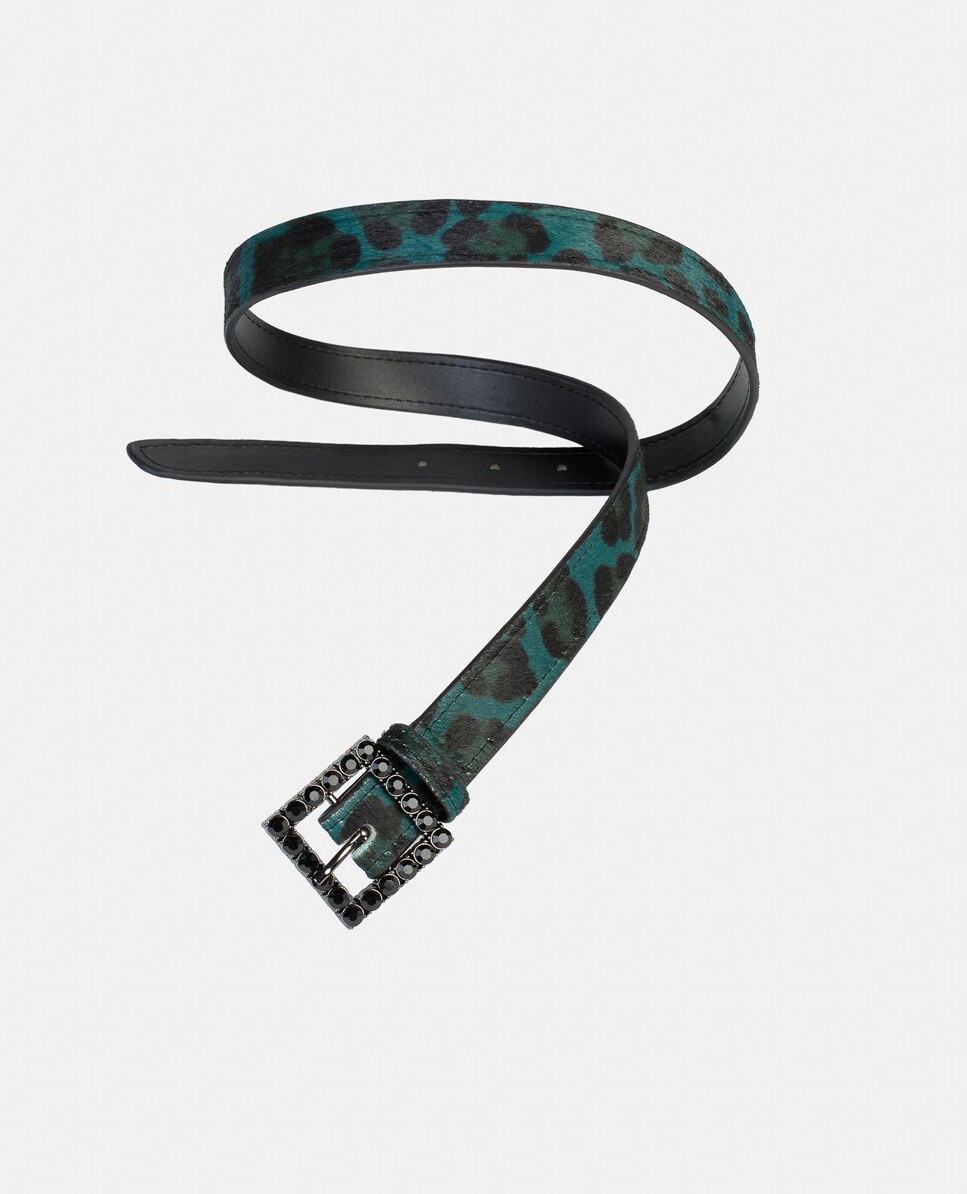 Cinto de Pele com Fivela Quadrada e Detalhes de Pedraria Azul-marinho / Verde-2