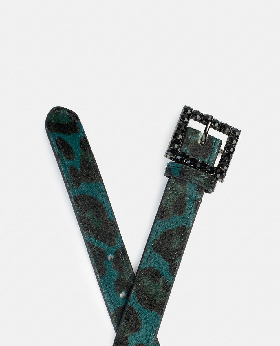 Cinto de Pele com Fivela Quadrada e Detalhes de Pedraria Azul-marinho / Verde-3