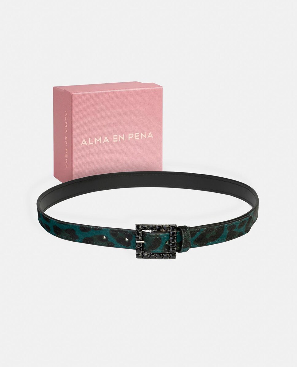 Cinto de Pele com Fivela Quadrada e Detalhes de Pedraria Azul-marinho / Verde-5