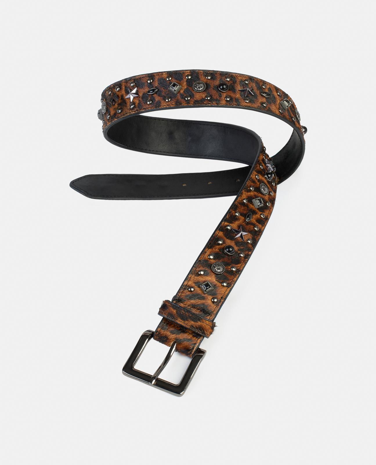 Cinto de Pele com Fivela Quadrada e Detalhes de Tachas Castanho / Laranja-2