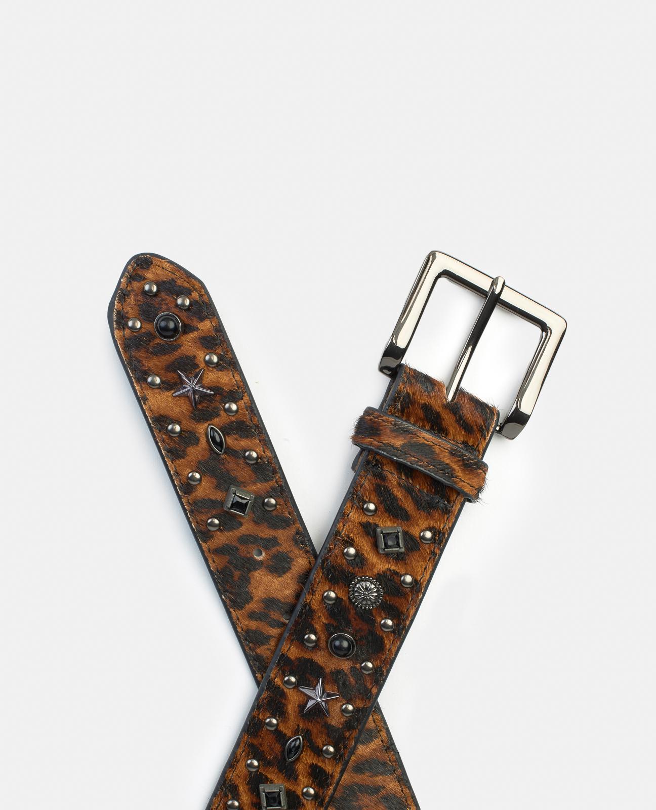 Cinto de Pele com Fivela Quadrada e Detalhes de Tachas Castanho / Laranja-3