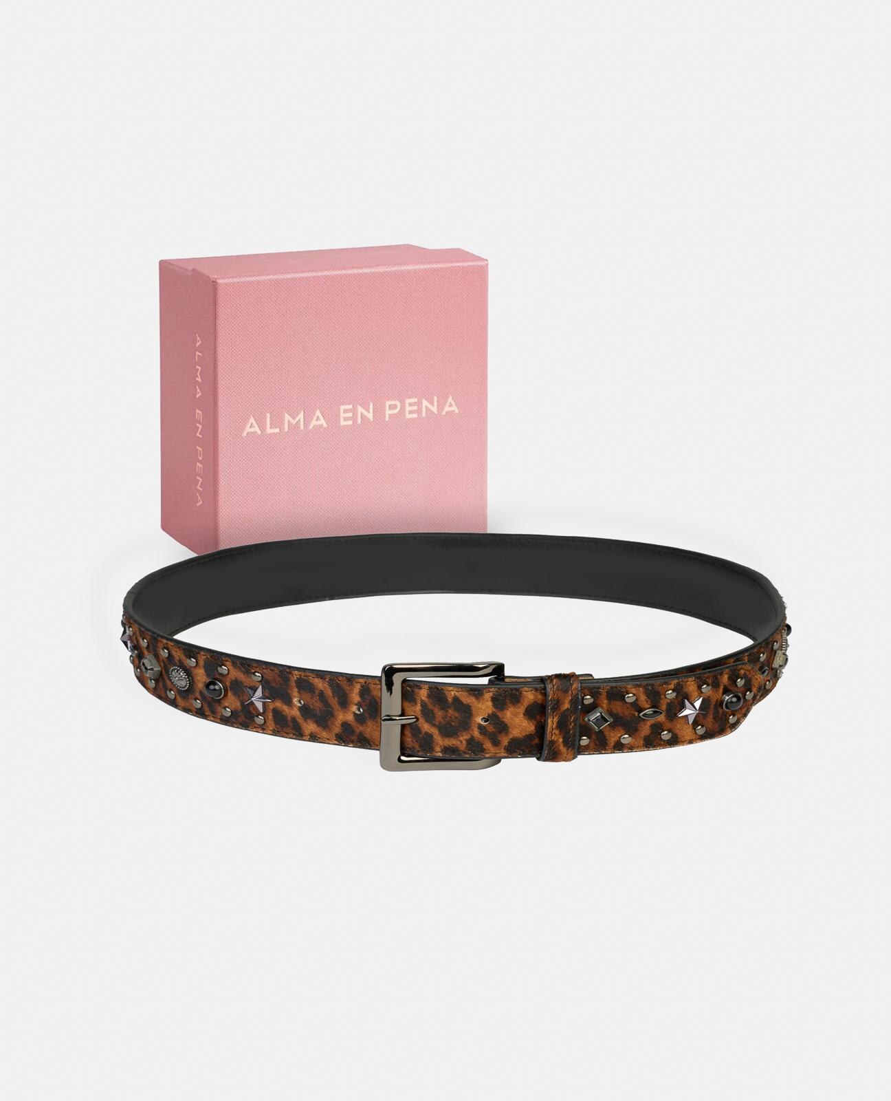 Cinto de Pele com Fivela Quadrada e Detalhes de Tachas Castanho / Laranja-5