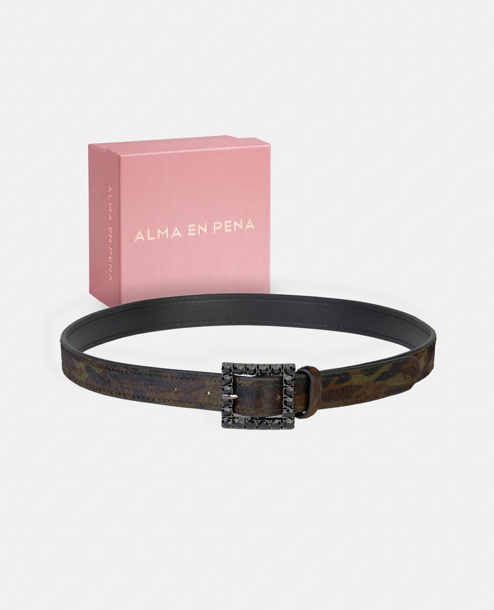 Cinto de Pele com Fivela Quadrada e Detalhes de Pedraria Verde-escuro-5