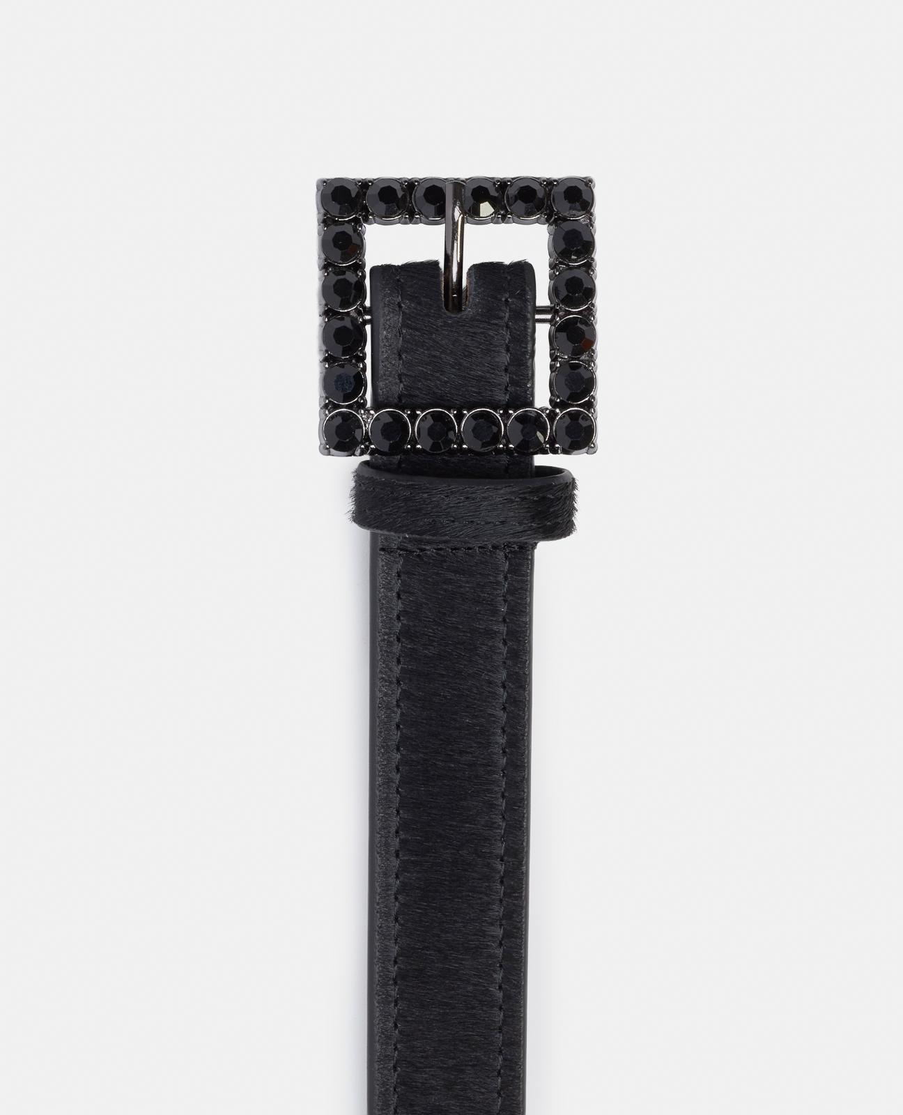 Cinto de Pele com Fivela Quadrada e Detalhes de Pedraria Preto-4