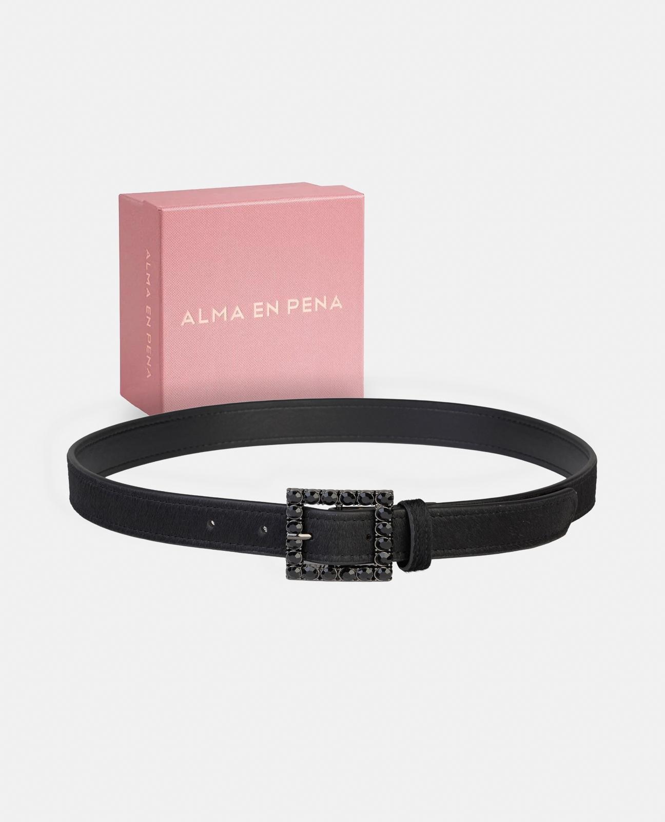 Cinto de Pele com Fivela Quadrada e Detalhes de Pedraria Preto-5