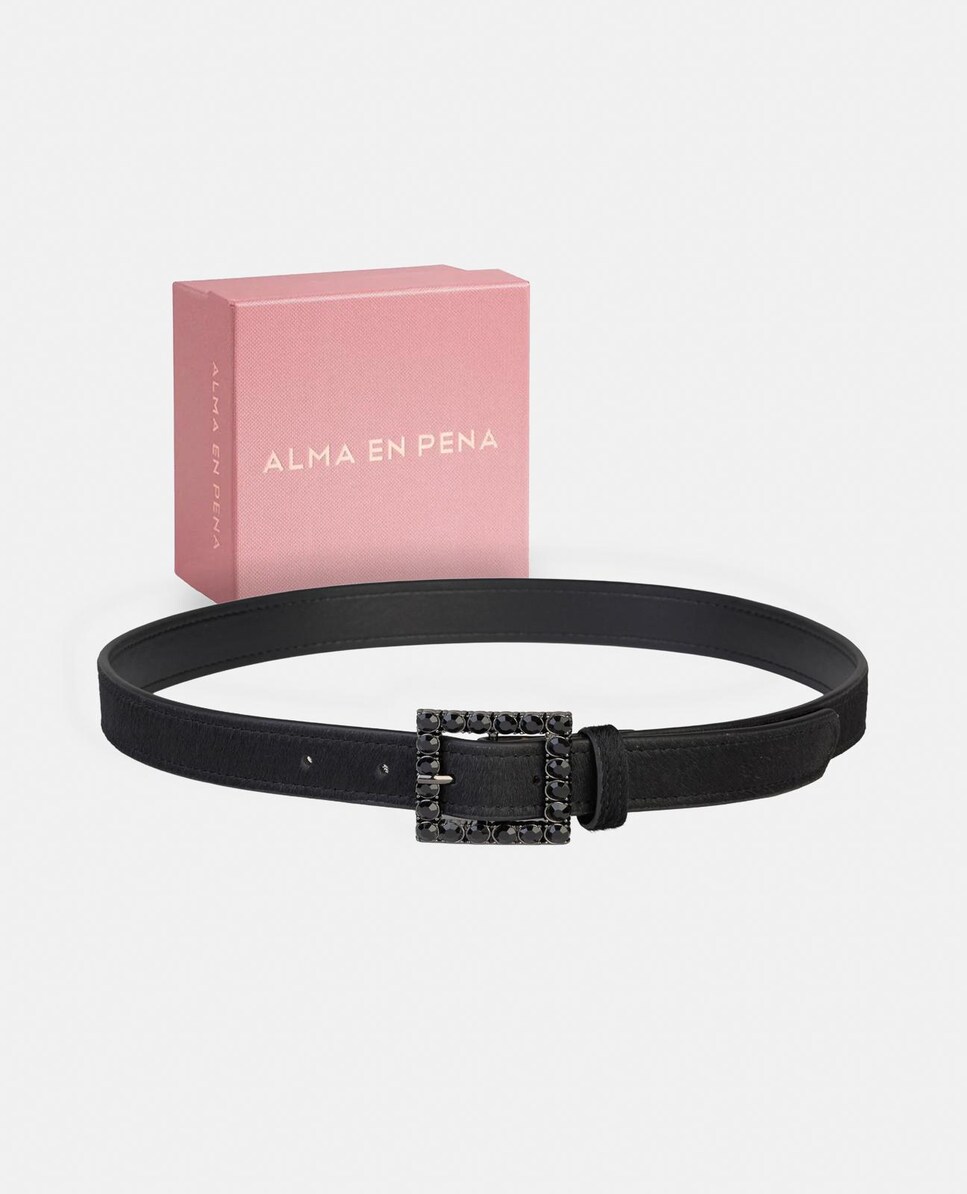 Cinto de Pele com Fivela Quadrada e Detalhes de Pedraria Preto-5