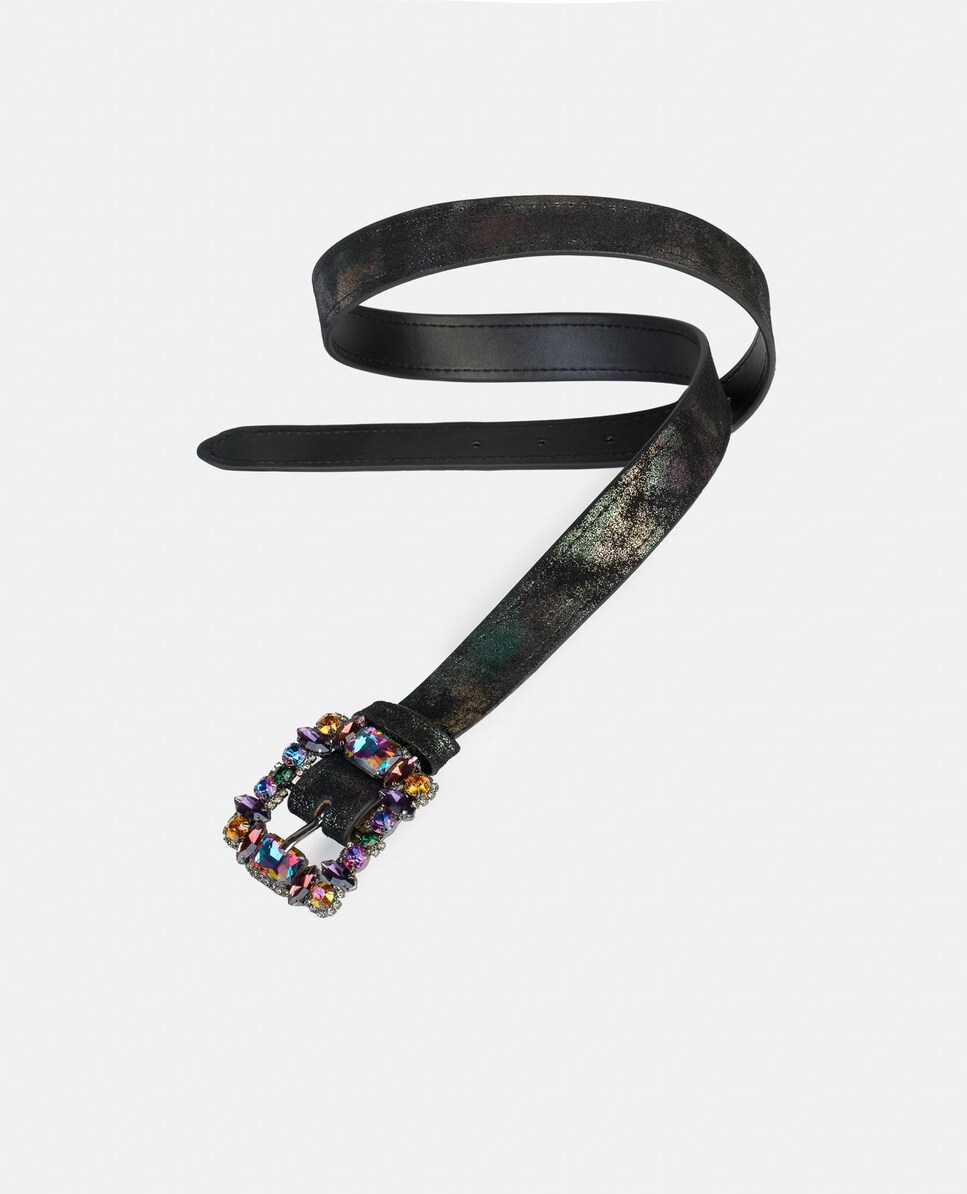 Cinto de Pele com Fivela Quadrada e Detalhes de Pedraria Verde-escuro-2