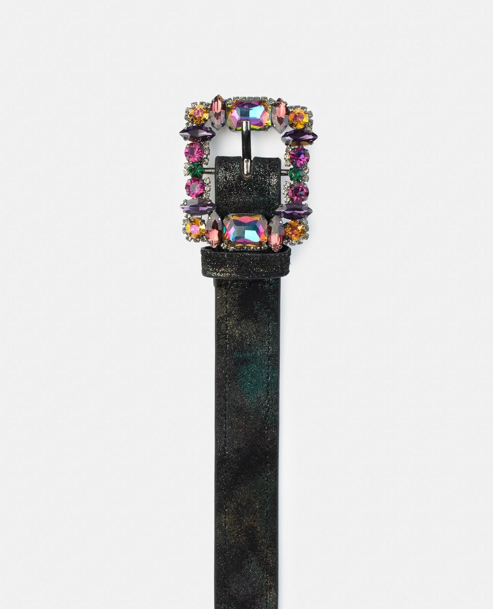 Cinto de Pele com Fivela Quadrada e Detalhes de Pedraria Verde-escuro-4