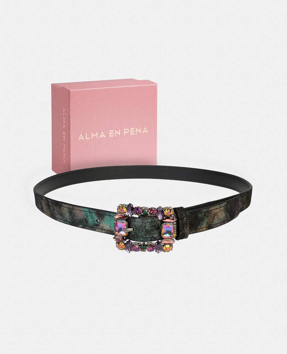 Cinto de Pele com Fivela Quadrada e Detalhes de Pedraria Verde-escuro-5