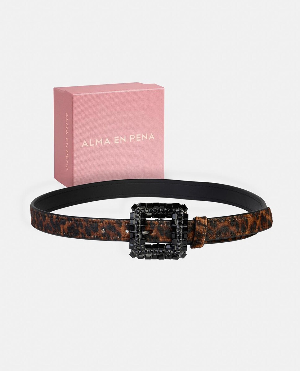 Cinto de Pele com Fivela Quadrada e Detalhes de Pedraria Castanho-5