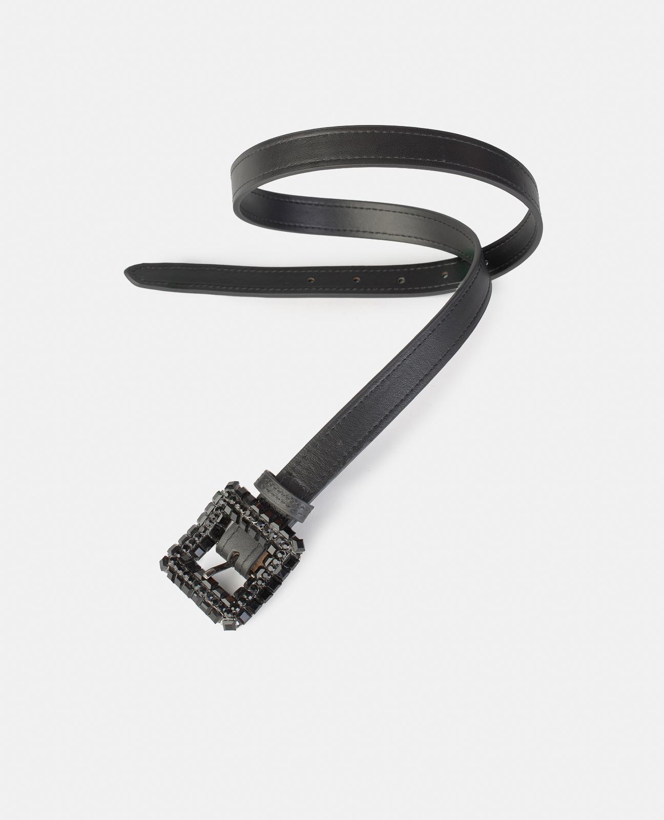 Cinto de Pele com Fivela Quadrada e Detalhes de Pedraria Preto-2