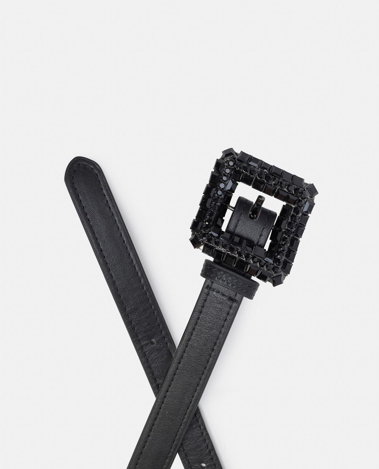 Cinto de Pele com Fivela Quadrada e Detalhes de Pedraria Preto-3