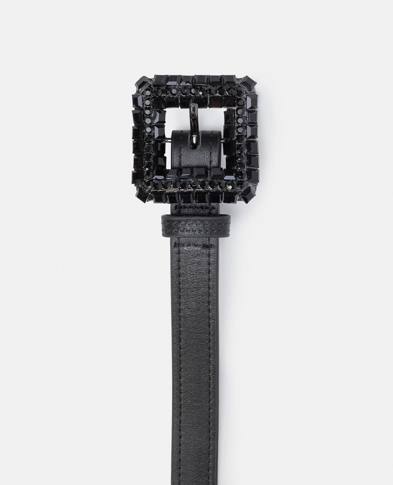 Cinto de Pele com Fivela Quadrada e Detalhes de Pedraria Preto-4