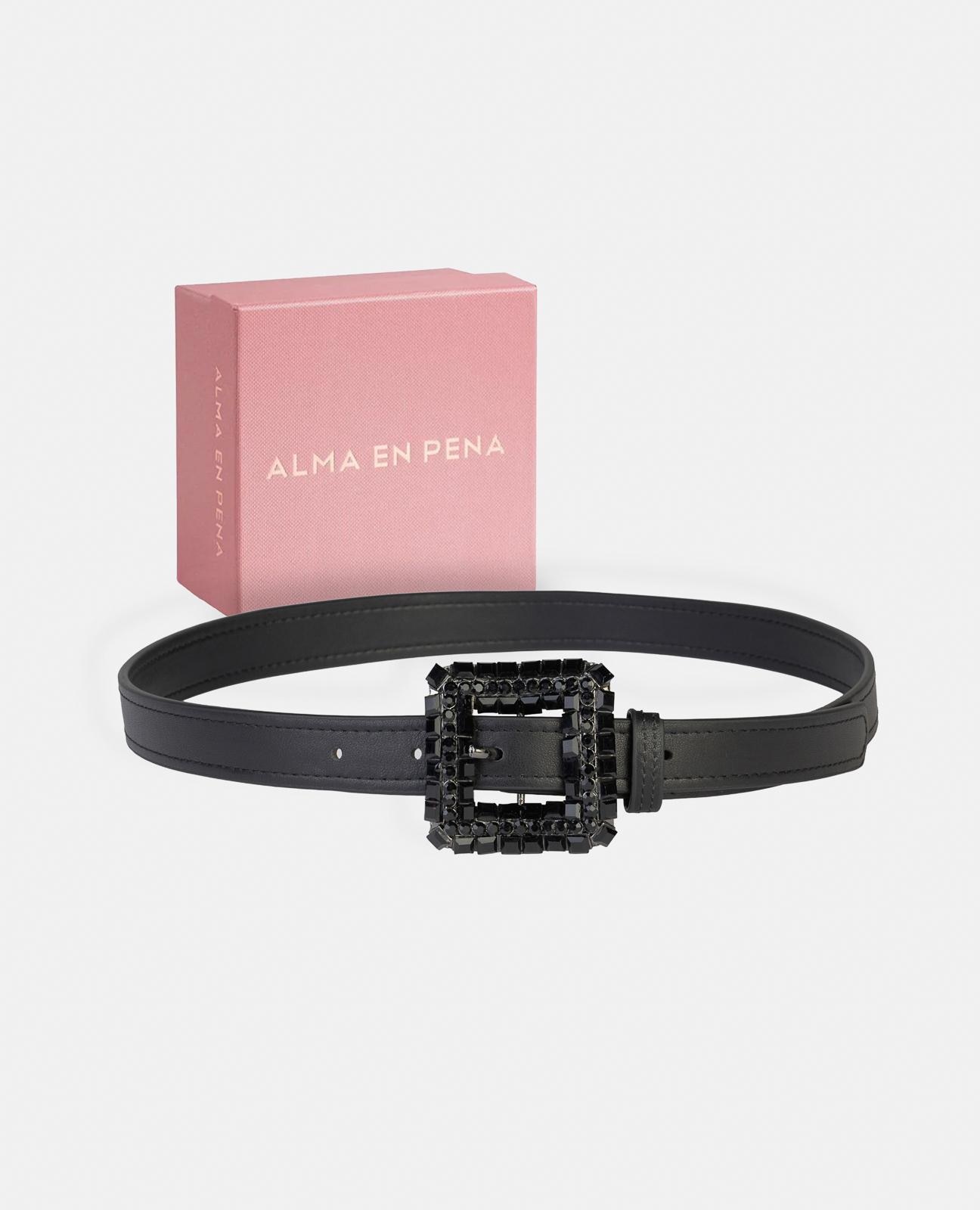 Cinto de Pele com Fivela Quadrada e Detalhes de Pedraria Preto-5