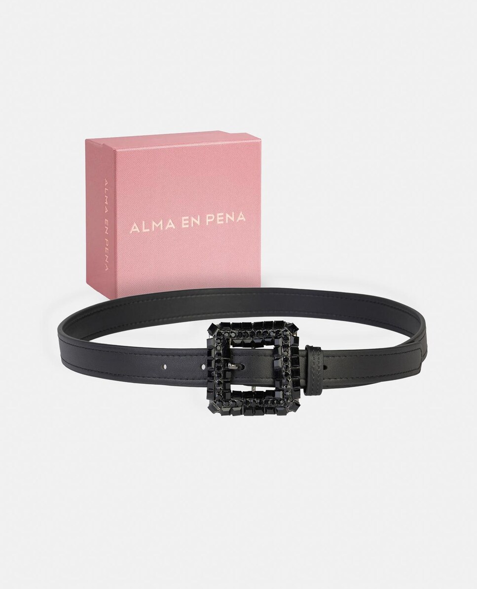Cinto de Pele com Fivela Quadrada e Detalhes de Pedraria Preto-5