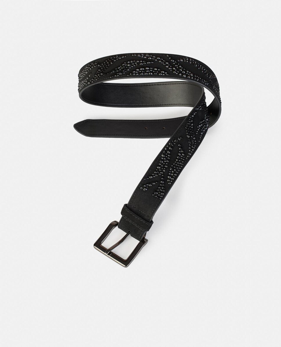 Cinto de Pele com Fivela Quadrada e Detalhes de Pedraria Preto-2