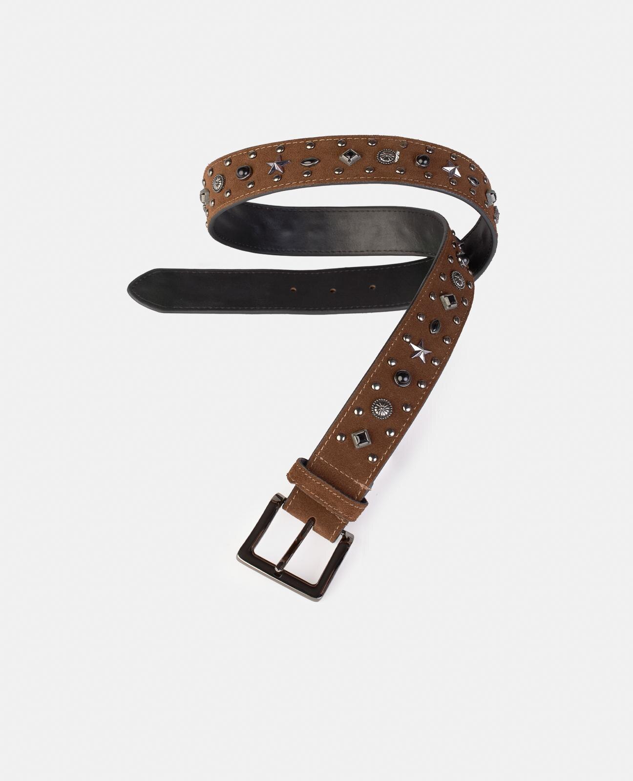 Cinto de Pele com Fivela Quadrada e Detalhes de Tachas Camel-2