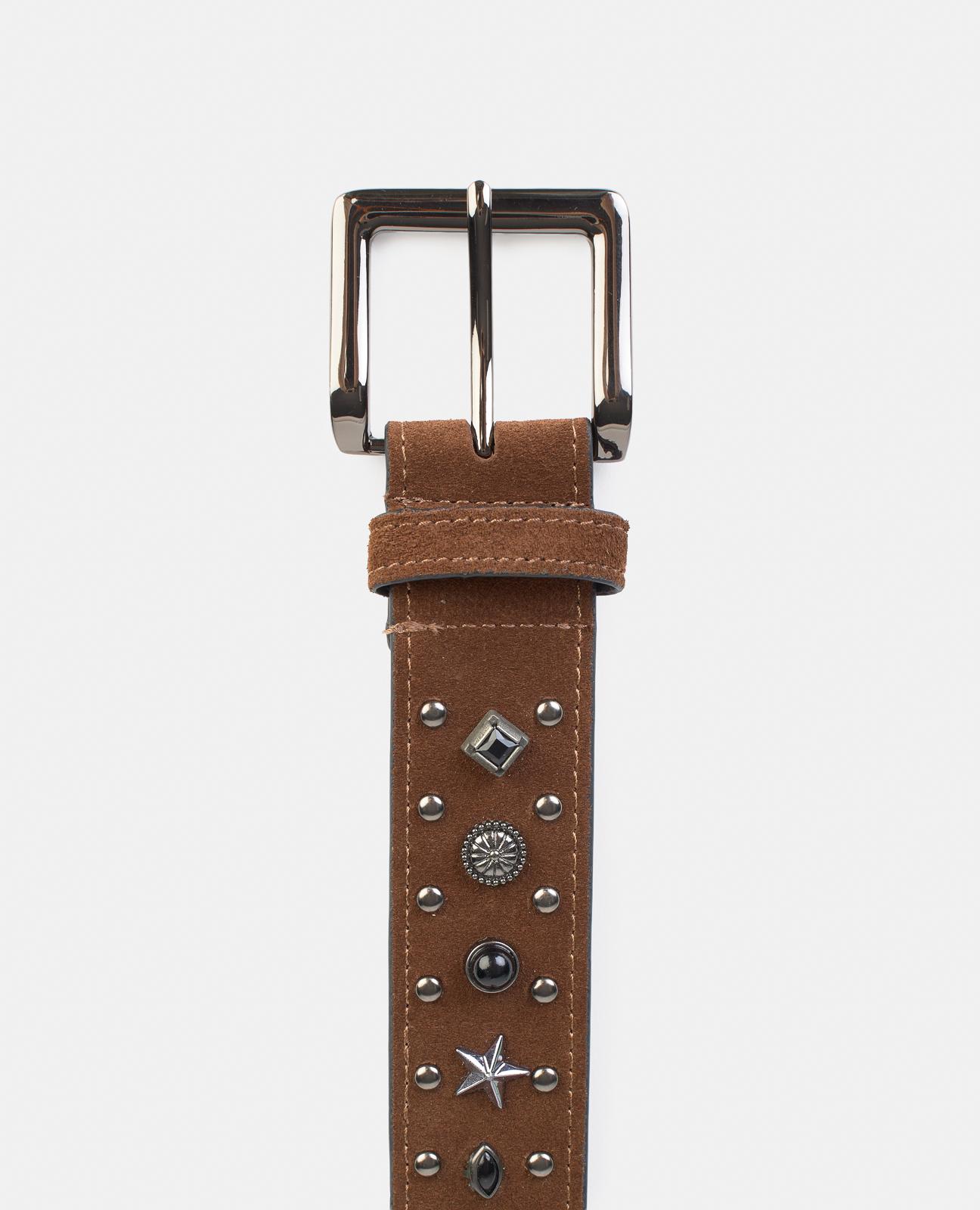 Cinto de Pele com Fivela Quadrada e Detalhes de Tachas Camel-4