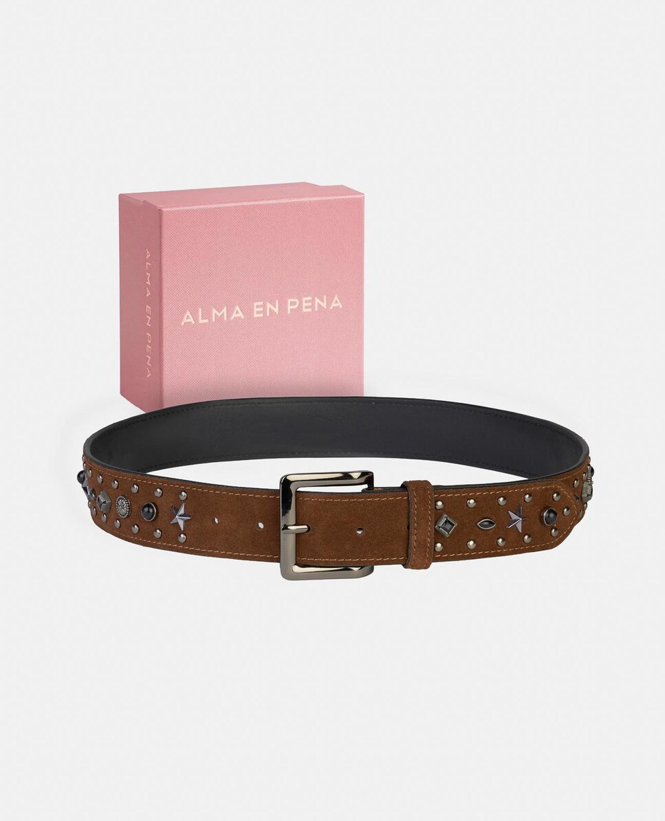 Cinto de Pele com Fivela Quadrada e Detalhes de Tachas Camel-5