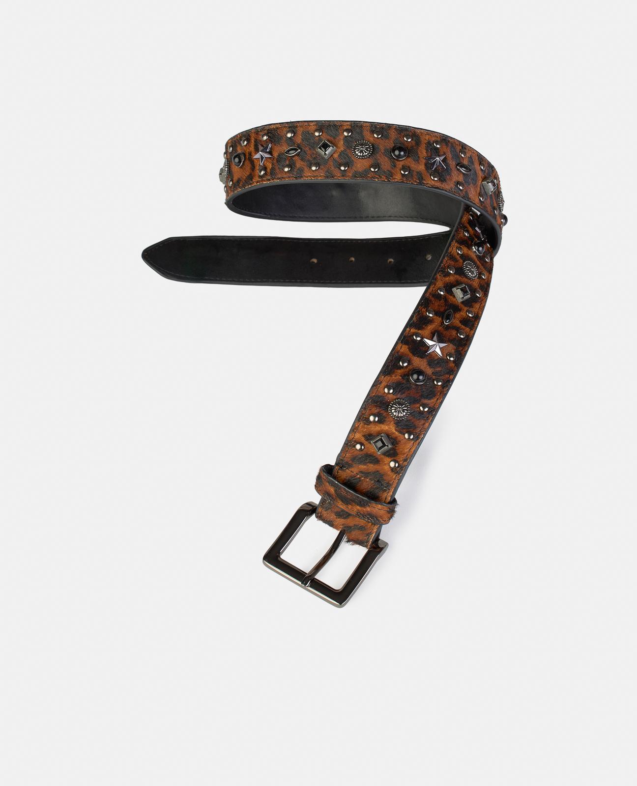 Cinto de Pele com Fivela Quadrada e Detalhes de Tachas Castanho / Laranja-2