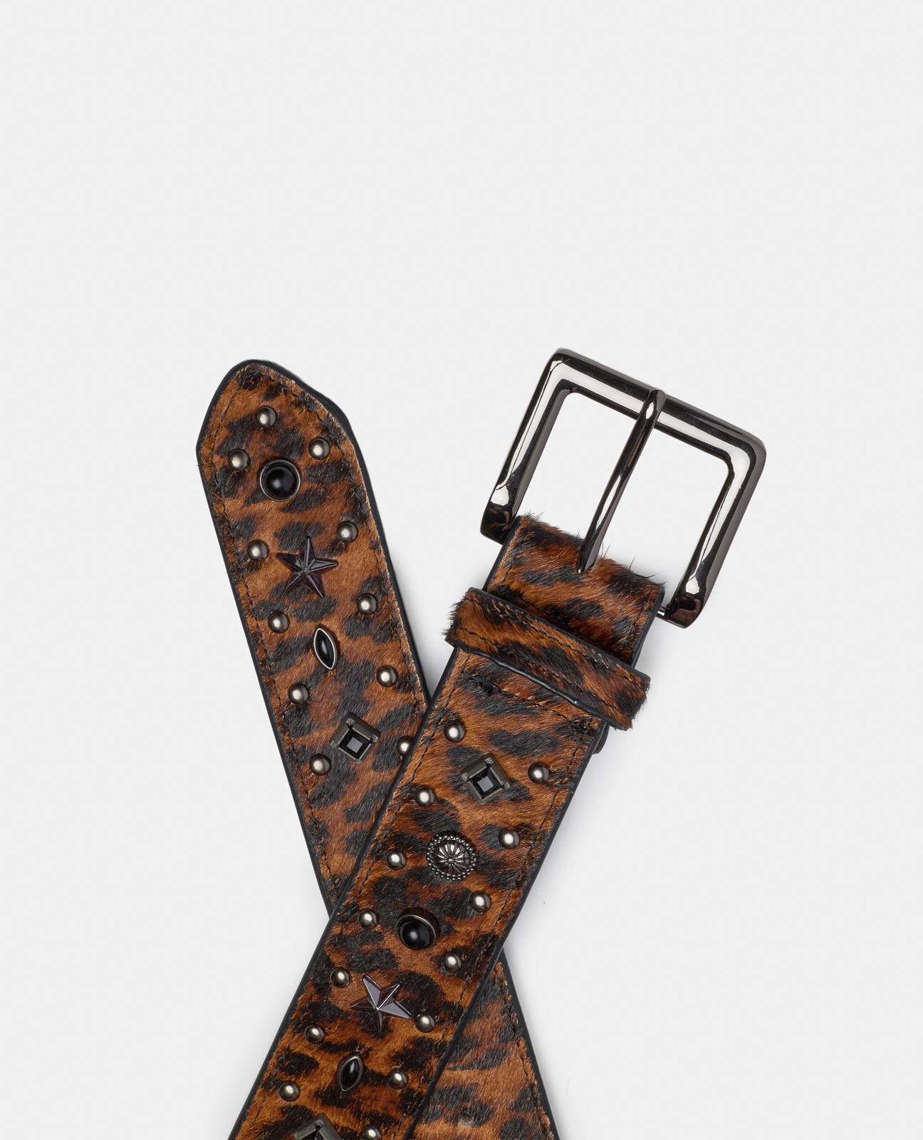 Cinto de Pele com Fivela Quadrada e Detalhes de Tachas Castanho / Laranja-3