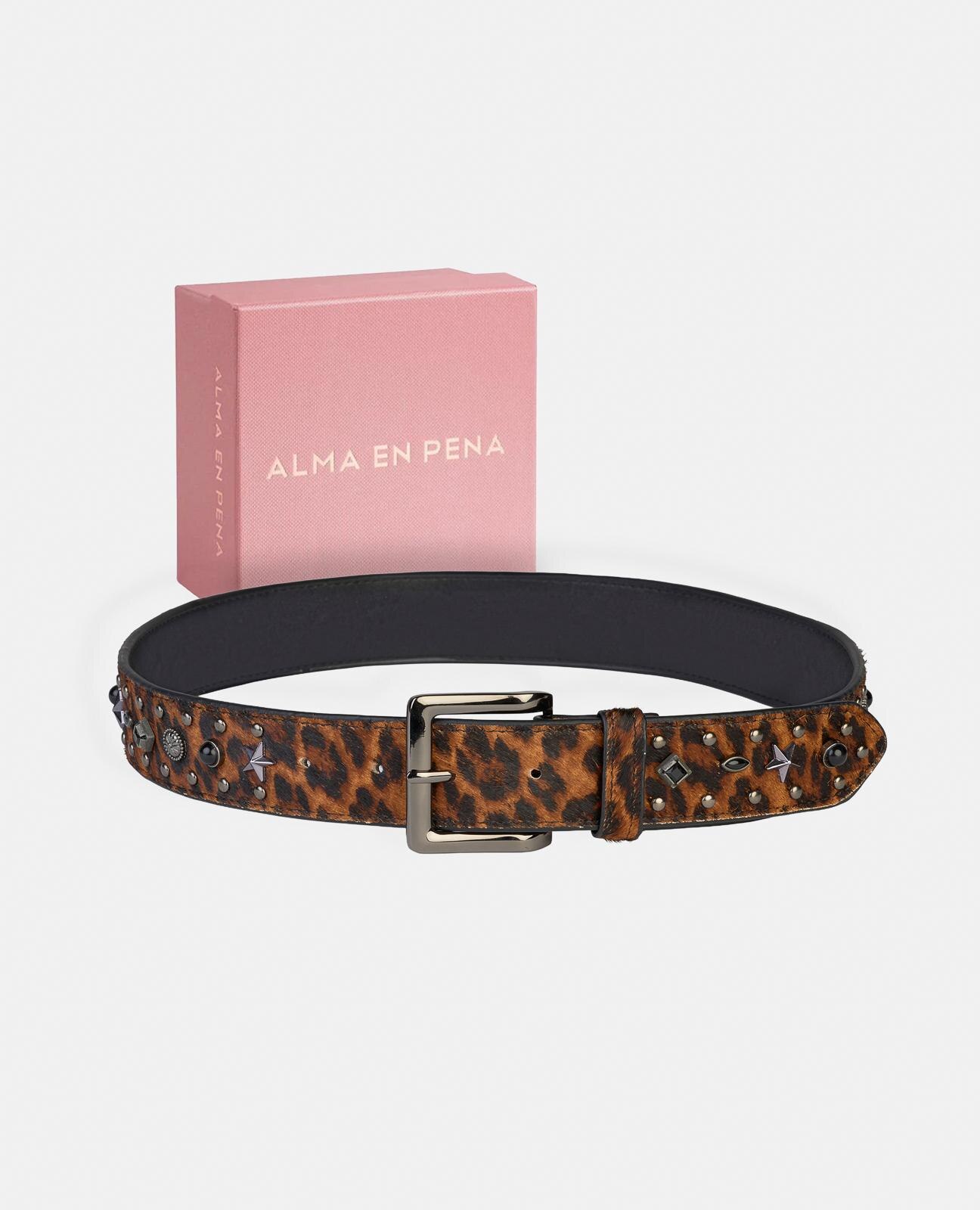 Cinto de Pele com Fivela Quadrada e Detalhes de Tachas Castanho / Laranja-5