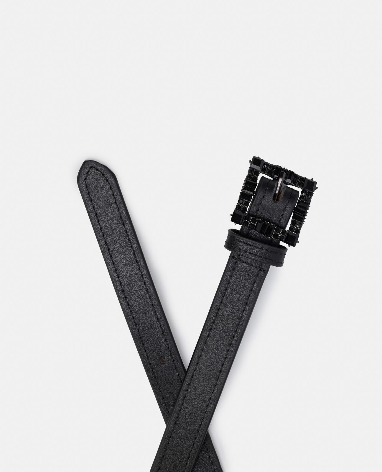 Cinto de Pele com Fivela de Pedraria Preto-3