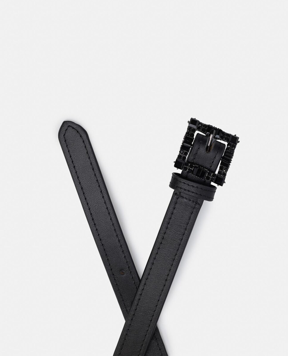 Cinto de Pele com Fivela de Pedraria Preto-3