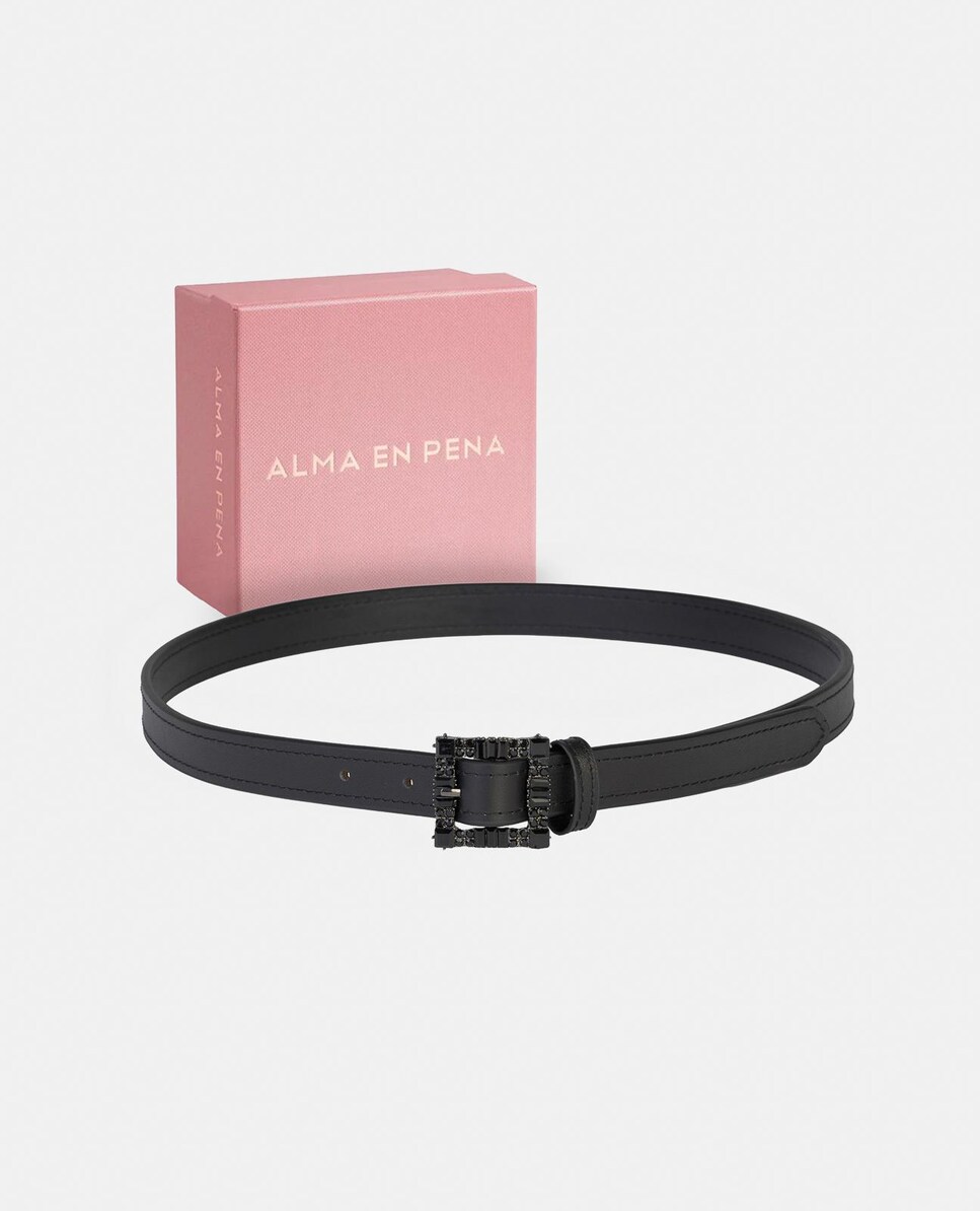 Cinto de Pele com Fivela de Pedraria Preto-5