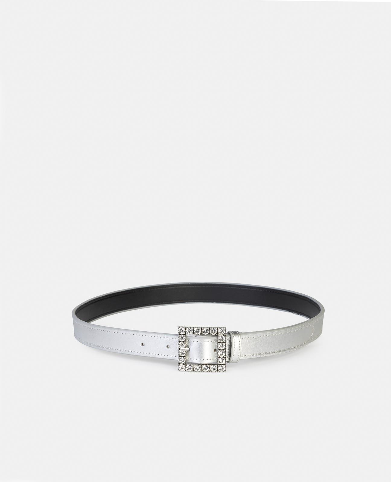 Cinto de Pele com Fivela Quadrada e Detalhes de Pedraria Prata-1