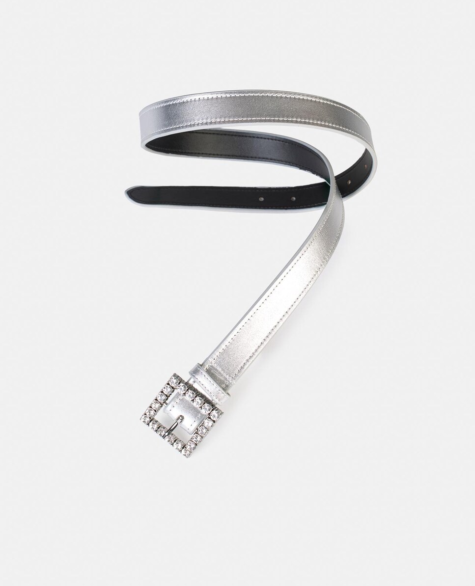 Cinto de Pele com Fivela Quadrada e Detalhes de Pedraria Prata-2