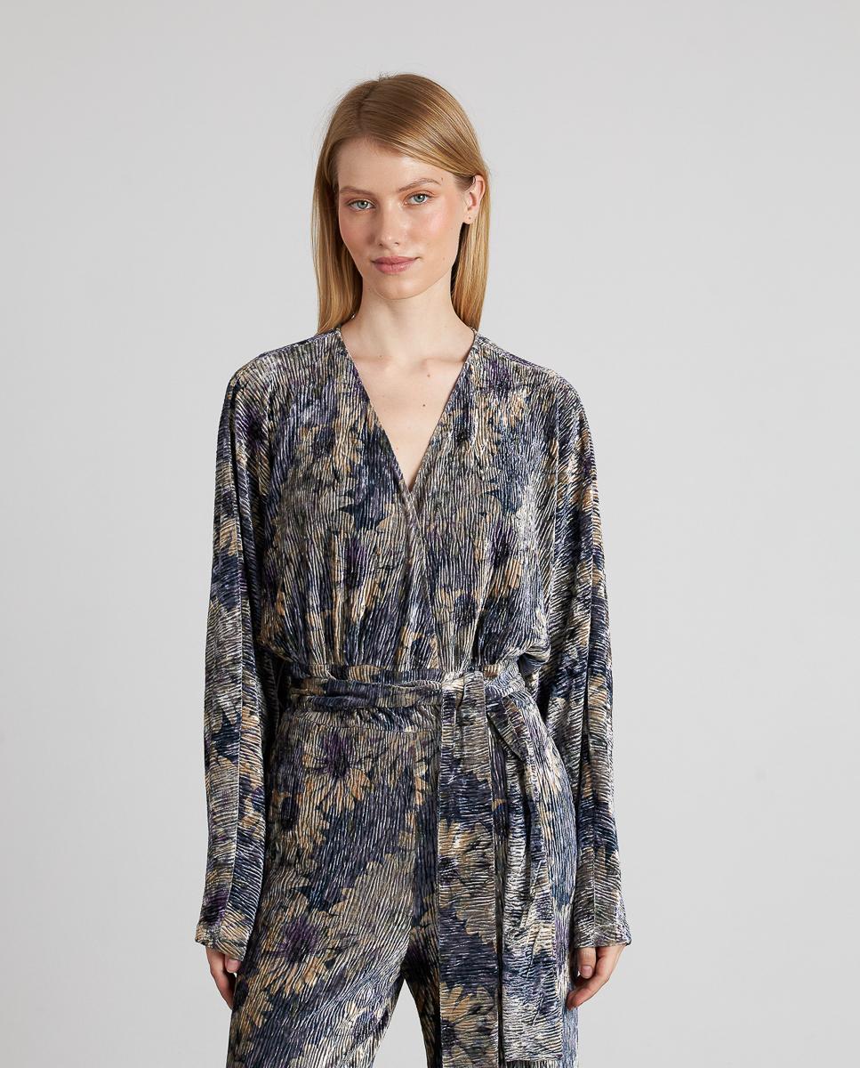 Macacão Fluido Estampado com Cinto e Decote em V e Manga Comprida Lilás-2