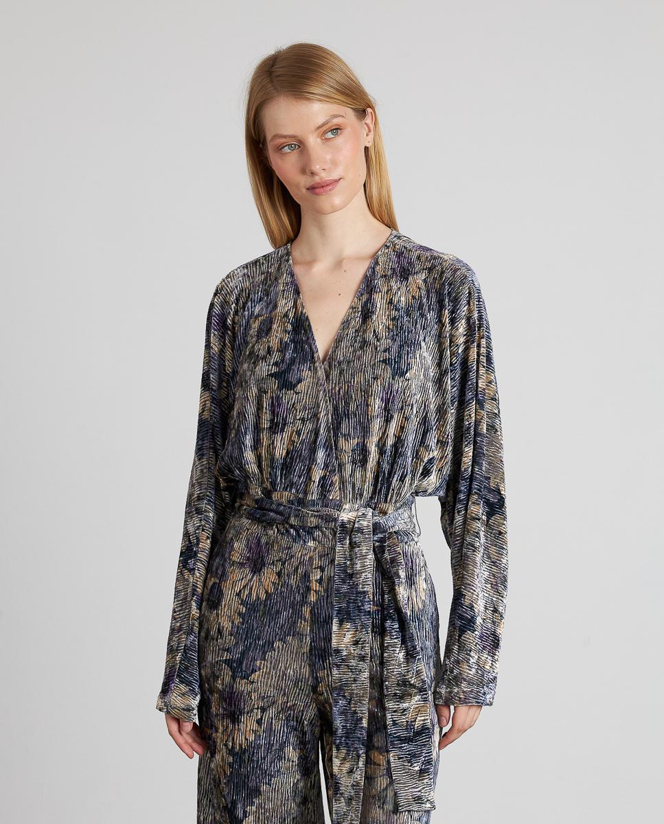 Macacão Fluido Estampado com Cinto e Decote em V e Manga Comprida Lilás-4