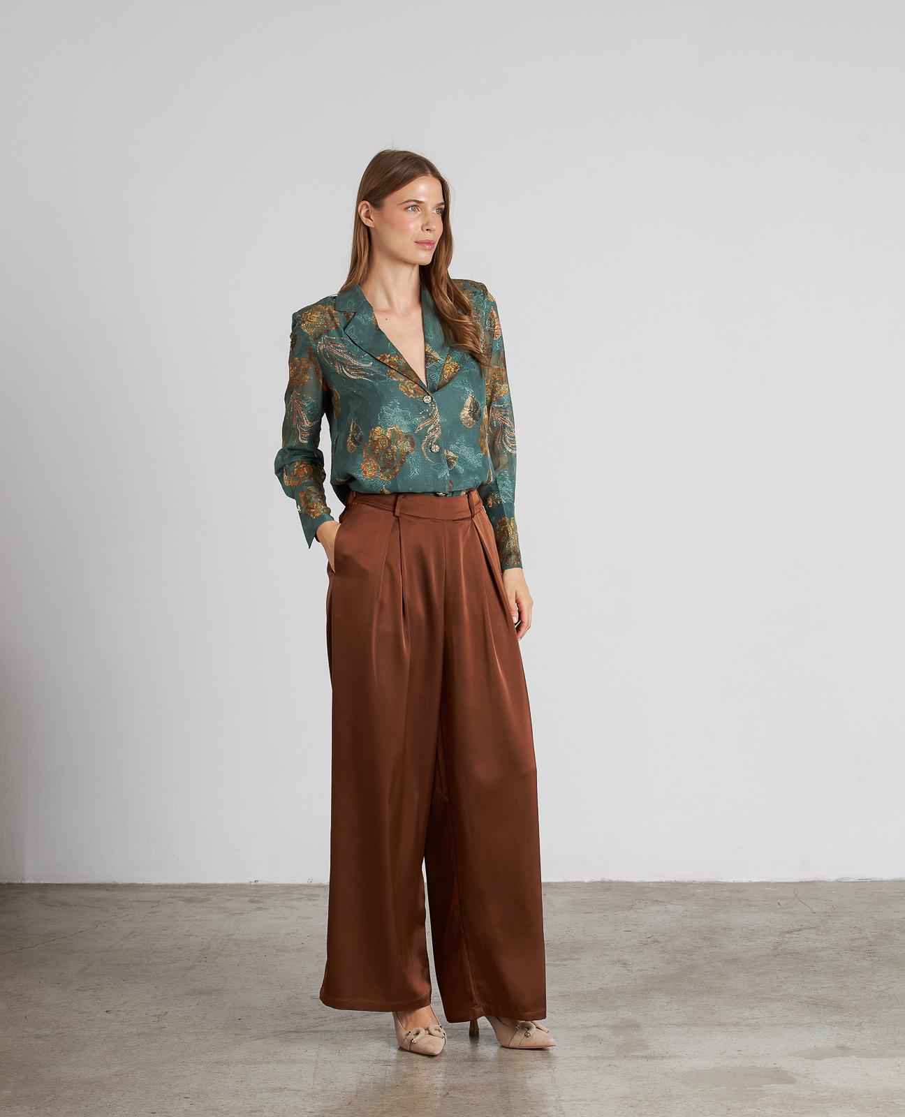 Camisa Estampada com Gola de Lapela e Decote em V Verde-antiquário-2