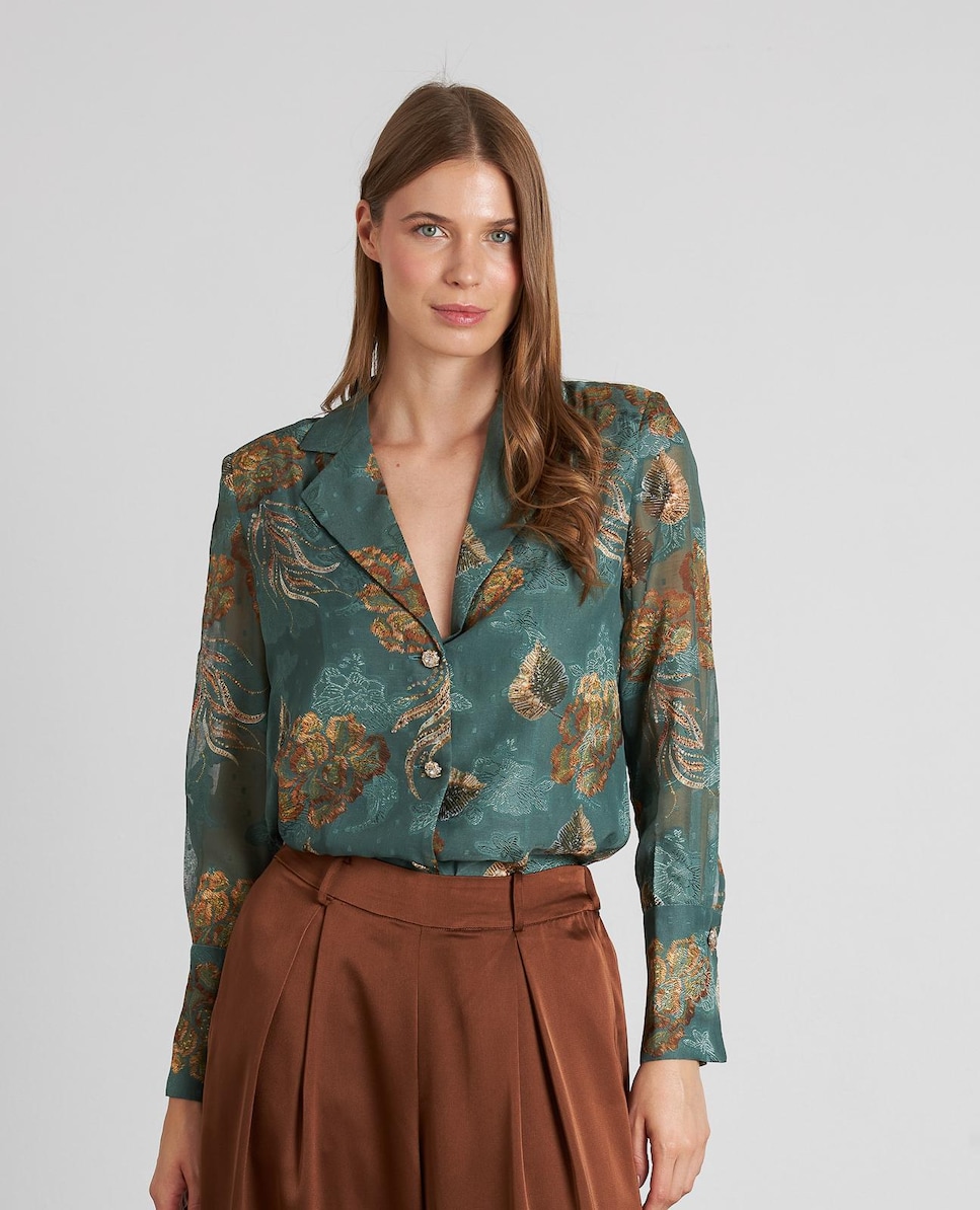 Camisa Estampada com Gola de Lapela e Decote em V Verde-antiquário-3