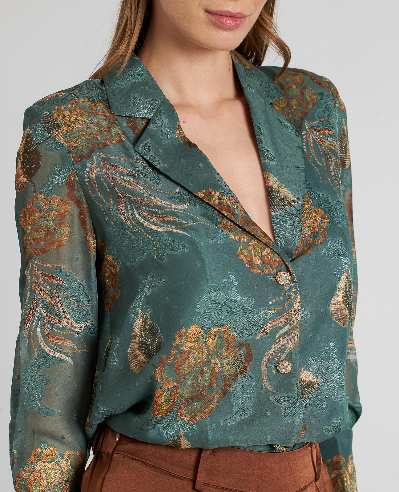 Camisa Estampada com Gola de Lapela e Decote em V Verde-antiquário-4