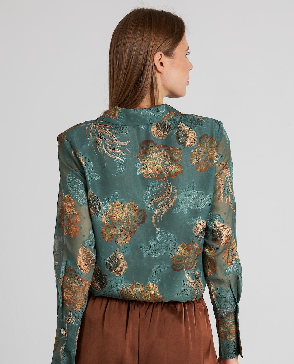 Camisa Estampada com Gola de Lapela e Decote em V Verde-antiquário-7