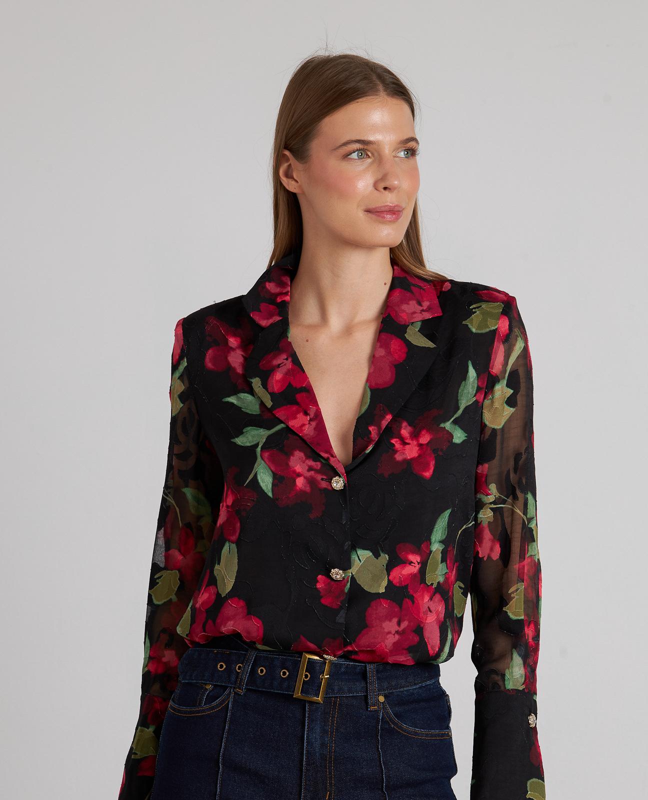 Imagem 0 de Camisa Estampada com Gola de Lapela e Decote em V