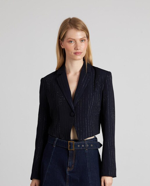 Imagem 0 de Blazer Crop com Riscas Diplomáticas e Pedraria