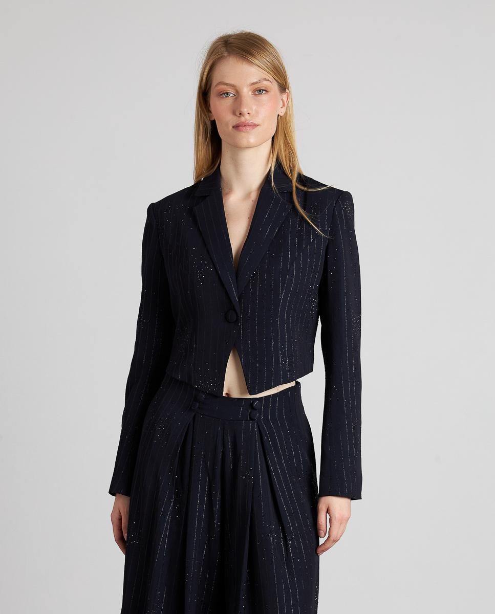 Blazer Crop com Riscas Diplomáticas e Pedraria Azul-marinho-3