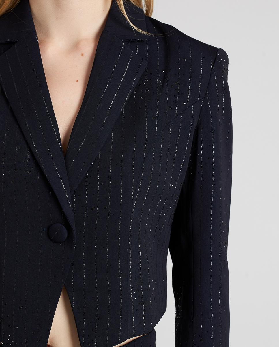 Blazer Crop com Riscas Diplomáticas e Pedraria Azul-marinho-5