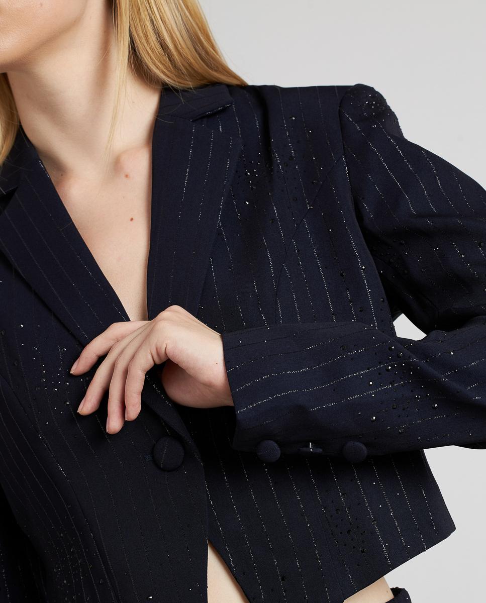 Blazer Crop com Riscas Diplomáticas e Pedraria Azul-marinho-6