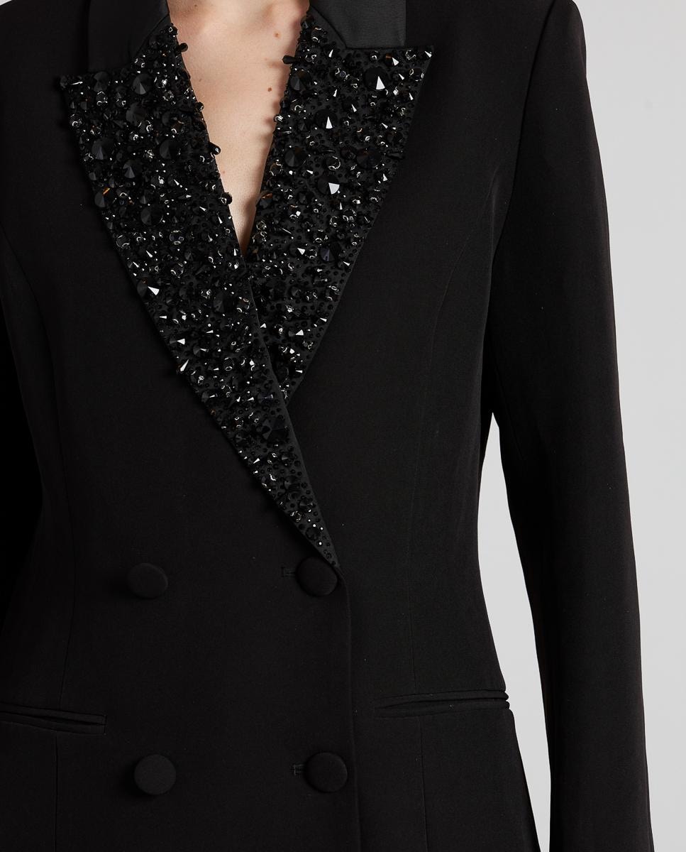 Blazer Cruzado com Gola de Lapela Coberta com Abalorios e Manga Comprida Preto-4