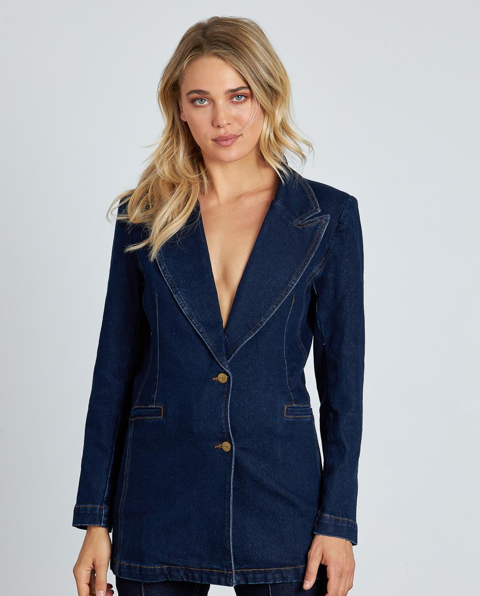 Blazer Jeans com Bolsos Frontais Azul-escuro-1